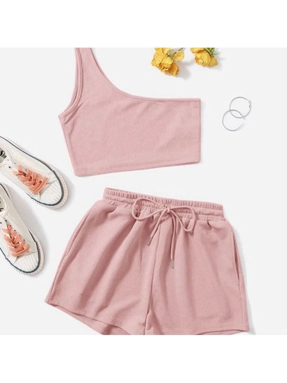 Pink One Shoulder Crop Top and Shorts Set